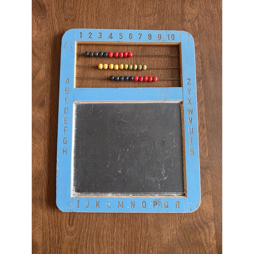 Vintage Wooden Abacus Chalkboard Educational Toy Blue Alphabet Numbers Learning